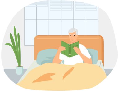 Pijamalı hoş bir adam edebiyat okuyor. Genç bir adamla kitap aşığı kavramı. Yatakta rahatla.