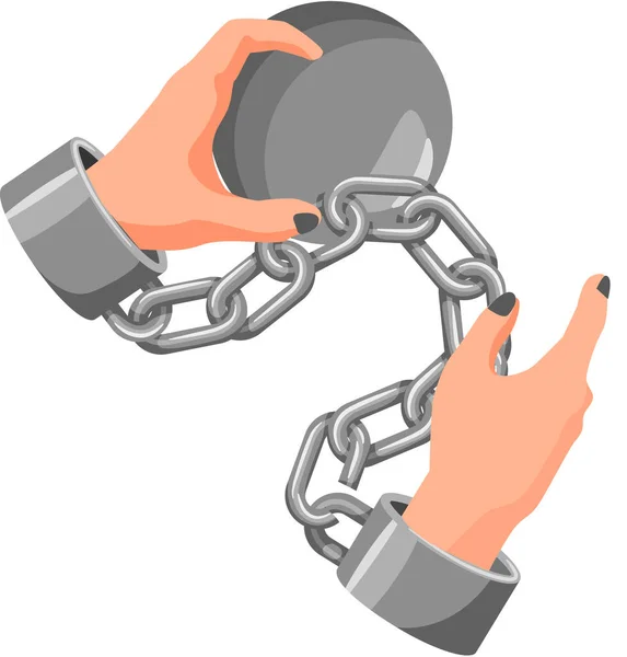 Hands tied with iron chain, handcuffed hands, symbol of slavery, bondage, restriction of freedom — Stock Vector
