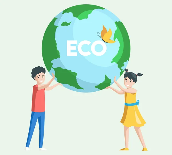 Kinderen geven om het milieu. Groep mensen of ecologen zorgen voor de Aarde en redden de planeet — Stockvector