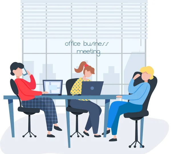 Uomini e donne d'affari che parlano discutendo di chattare comunicando seduti alla scrivania dell'ufficio — Vettoriale Stock
