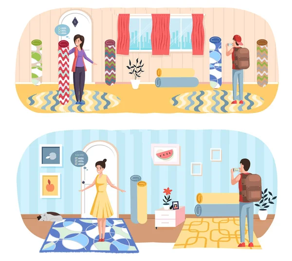 Pár vybavení byt, vyberte koberec pro pokojový muž a žena vybrat koberec ze vzorků v obchodě — Stockový vektor