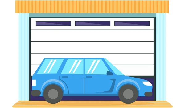 Puertas con mecanismo de elevación, lugar para el automóvil, estacionamiento de vehículos. Coche cerca del garaje — Vector de stock