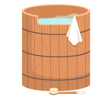 Banyo için tahta küvet. Tencere, kova, mavi sıcak su, fırça ve havlu. Sauna su havzası simgesi