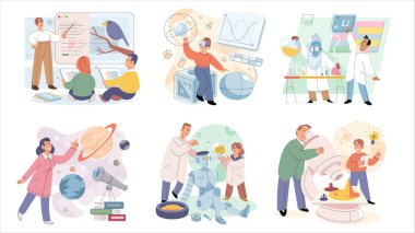 BTMM eğitim sahneleri, bilimsel ekipmanların bilgisayar unsurlarından oluşan kitapların kompozisyonlarıyla hazırlanmıştır.