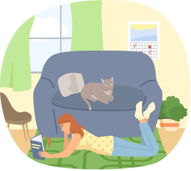 Kız evde oturup kitap okuyor, yere uzanıyor ve ders çalışıyor. Boş zaman, evde eğlence.