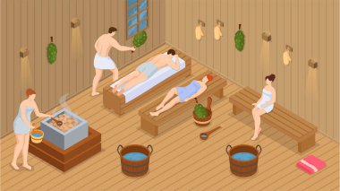 Sauna ve buhar odası. Saunada bir grup insan. İnsanlar banya 'da huş süpürgeleriyle rahatlar ve buharlaşır.