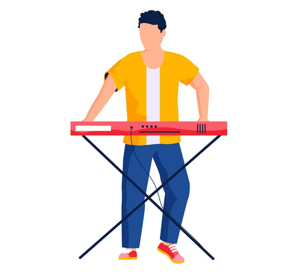 Muž hrající digitální klavír izolovaný plochý kreslený klavírista. Mužský hudebník hrající syntezátor — Stockový vektor