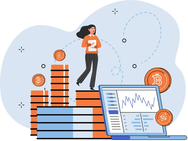 Lady analysiert digitales Zahlungssystem, Geldanlage in Kryptowährungen, Arbeit mit Handelsplattform — Stockvektor