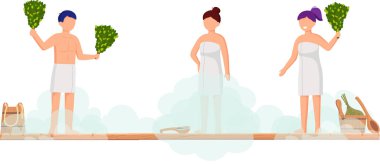 Sauna ve buhar odası. Saunada bir grup insan. İnsanlar banya 'da huş süpürgeleriyle rahatlar ve buharlaşır.