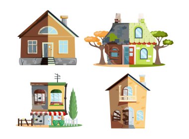 Tadilattan önce ve sonra eski bir ev. Yeni ve eski banliyö kulübesi. Binayı sil