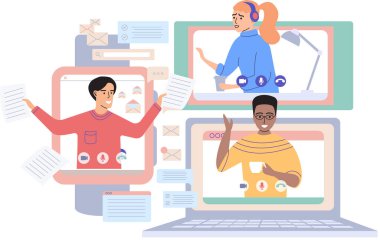 Sanal toplantı, online takım çalışması. Video konferansına katılan bir grup meslektaşla bilgisayar