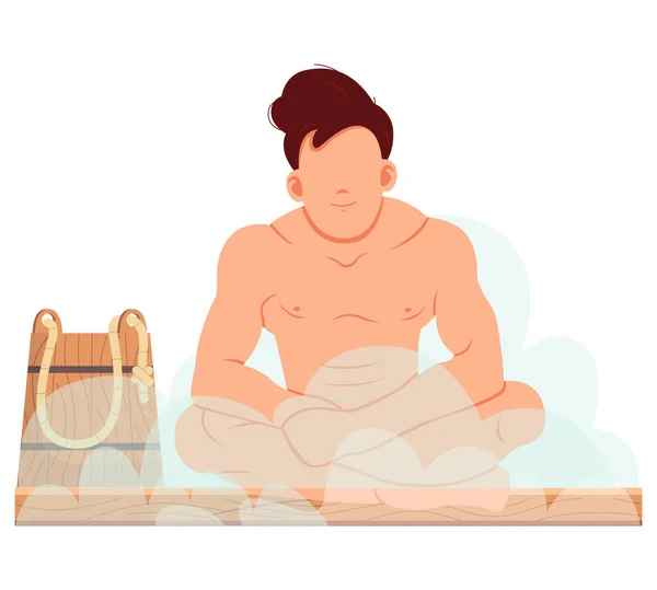 男が座って、白い上に隔離されたサウナでリラックス。浴場かバニャだ。ウェルネススパの手順 — ストックベクタ
