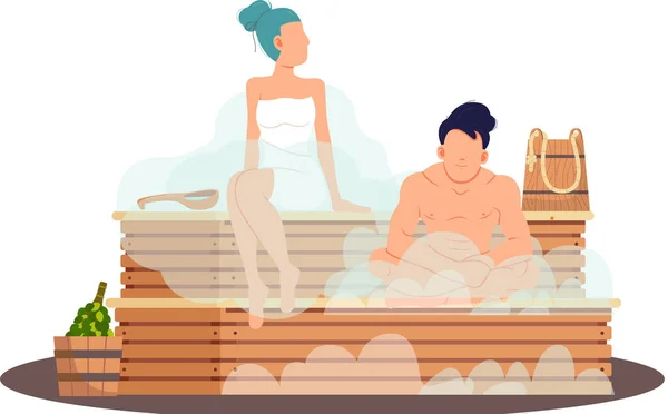 Cartoon people characters taking steam bath together. Relax, health, bathhouse, wellness procedure — Stock Vector