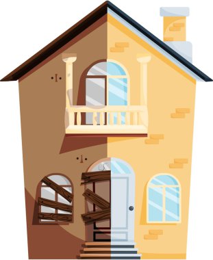 Tadilattan önce ve sonra eski bir ev. Yeni ve eski banliyö kulübesi. Binayı sil