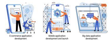 Büyük veriler ve e-ticaret uygulama geliştirme, mobil uygulama geliştirme ve başlatma pankartları ayarlandı