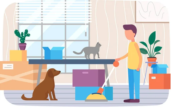 Muž se psem se stěhuje do nového domu nebo kanceláře mačká páku, dává si věci do lepenkových krabic — Stockový vektor
