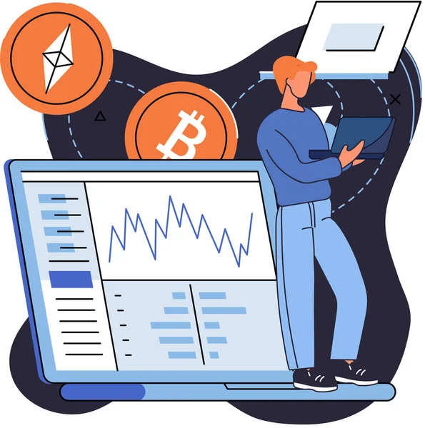 Homem realiza análise do mercado criptomoeda. Software de análise de investimento digital no laptop —  Vetores de Stock