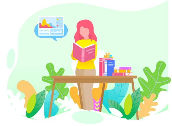 Jovem mulher lendo livro de pé perto pilha de livros na sala de estar, estudando em casa — Vetor de Stock