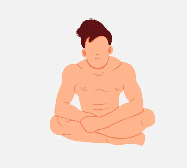 Uomo nudo seduto. Illustrazione piatta in stile cartone animato con giovane personaggio maschile seduto gambe incrociate — Vettoriale Stock