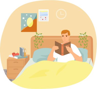 Pijamalı hoş bir adam edebiyat okuyor. Genç bir adamla kitap aşığı kavramı. Yatakta rahatla.