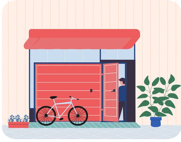 Mann steht neben Garage mit sich öffnendem Tor und Fahrrad. Stauraum für Fahrräder, Platz für den Transport — Stockvektor