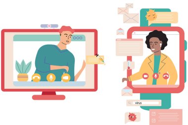 Sanal toplantı, online takım çalışması. Video konferansına katılan bir grup meslektaşla bilgisayar