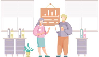 İş adamları erkek ve kadın konuşuyorlar sohbet ediyorlar ofis masasında oturuyorlar.