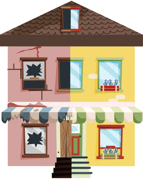 Home renovation, old house before and after repair. New and old suburban cottage. Remodel building — Stock Vector