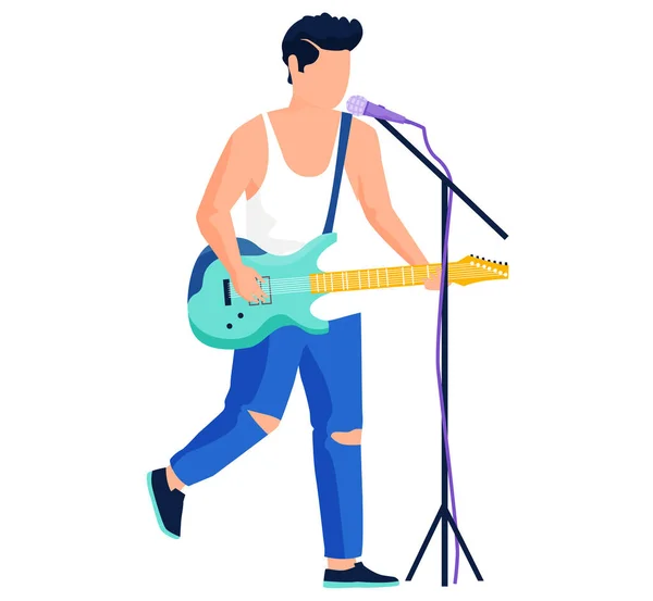 Rockový hudebník hrající na elektrické kytary zpívá píseň stojí v blízkosti mikrofonu izolované postavy — Stockový vektor