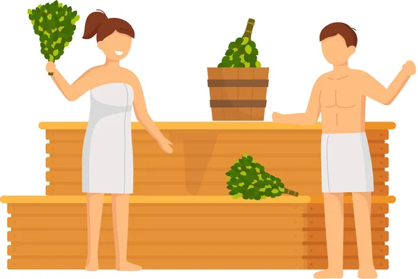Cartoon people characters taking steam bath together. Relax, health, bathhouse, wellness procedure — Stock Vector
