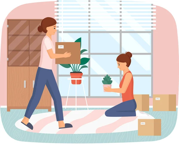People unpacking things after shipping, decorating new apartment. Women moving to new house — Stock Vector