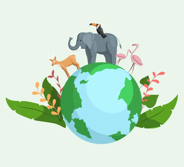 Animals on planet, animal shelter, wildlife sanctuary. World environment day on earth planet — Stock Vector