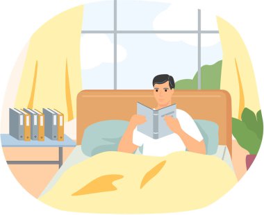 Pijamalı hoş bir adam edebiyat okuyor. Genç bir adamla kitap aşığı kavramı. Yatakta rahatla.