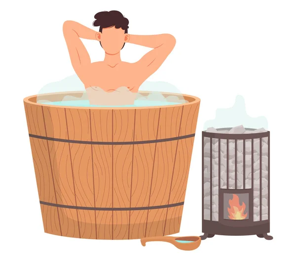 Mladík sedí ve vaně a myje si tělo v sauně. Wellness lázeňské procedury v dřevěném sudu — Stockový vektor