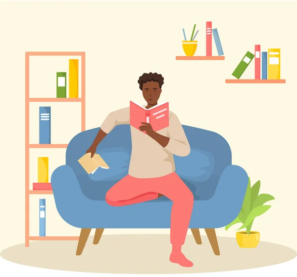 Hombre leyendo libro, estudiando en casa. Guy estudiante está descansando con libro — Vector de stock