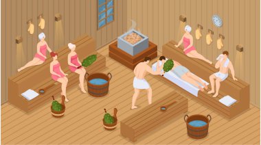 Sauna ve buhar odası. Saunada bir grup insan. İnsanlar banya 'da huş süpürgeleriyle rahatlar ve buharlaşır.