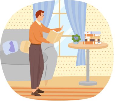 Adam kitap okuyor, evde çalışıyor. Erkek öğrenci kitapla dinleniyor.