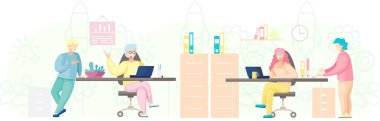 İş adamları erkek ve kadın konuşuyorlar sohbet ediyorlar ofis masasında oturuyorlar.