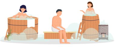 Sauna ve buhar odası. Saunada bir grup insan. İnsanlar banya 'da huş süpürgeleriyle rahatlar ve buharlaşır.