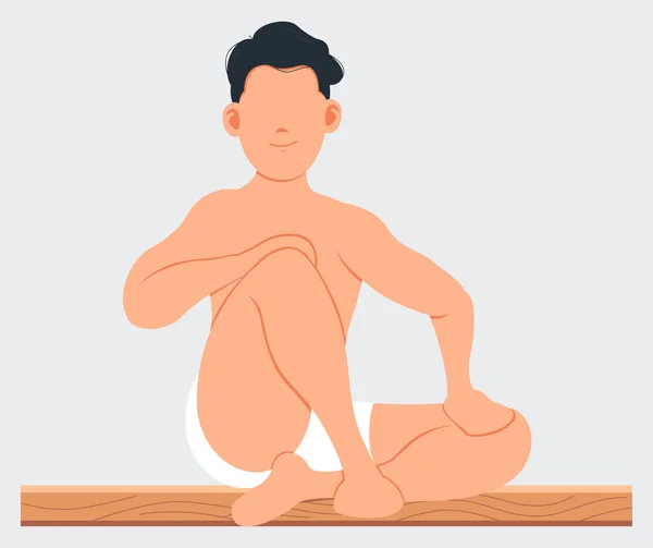 Uomo seduto e rilassante nella sauna isolata sul bianco. Bathhouse o banya. Procedure benessere spa — Vettoriale Stock