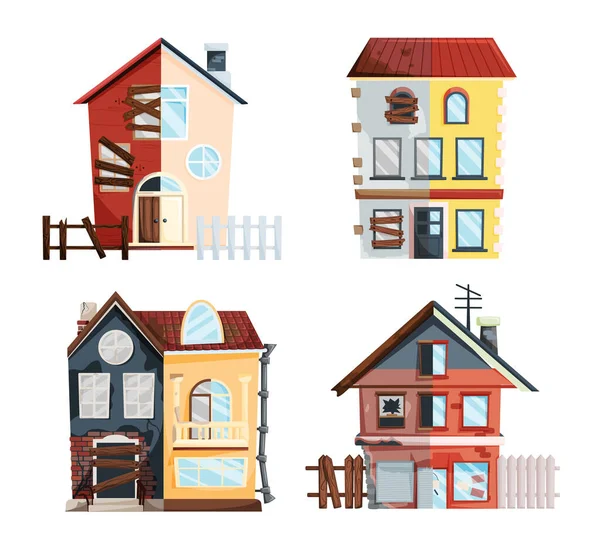 Hausrenovierung, altes Haus vor und nach der Reparatur. Neues und altes Vorstadthäuschen. Umbaumaßnahmen — Stockvektor