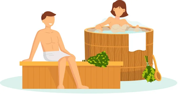 Cartoon people characters taking steam bath together. Relax, health, bathhouse, wellness procedure — Vettoriale Stock