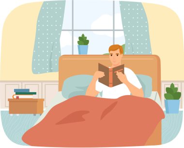 Pijamalı hoş bir adam edebiyat okuyor. Genç bir adamla kitap aşığı kavramı. Yatakta rahatla.