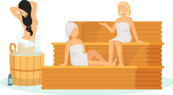 Mujer con toalla de baño sentarse en un banco de madera en la sauna de vapor caliente. Relajante y bienestar en el centro de spa — Archivo Imágenes Vectoriales