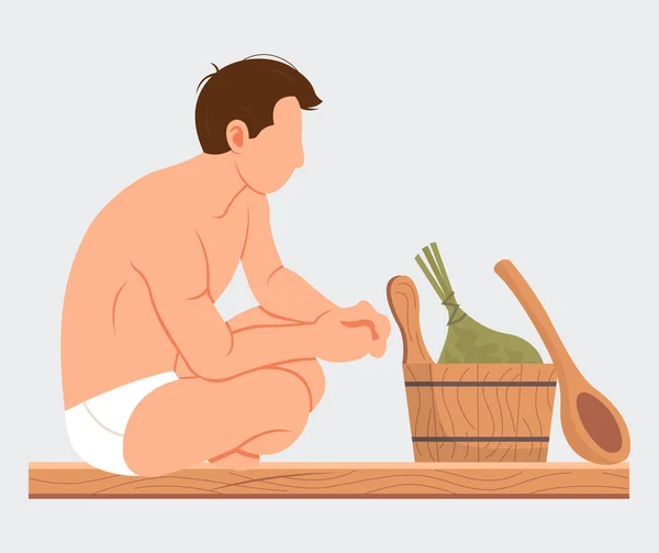 Man zit en ontspant in sauna geïsoleerd op wit. Badhuis of banya. Wellness spa-procedures — Stockvector