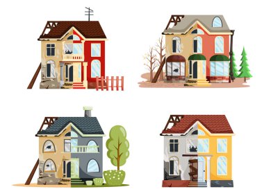 Tadilattan önce ve sonra eski bir ev. Yeni ve eski banliyö kulübesi. Binayı sil