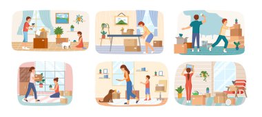 Yeni eve taşınan insanlarla ilgili çizimler. İkamet yeri değiştirilen bina kirası