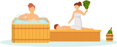 Sauna ve buhar odası. Saunada bir grup insan. İnsanlar banya 'da huş süpürgeleriyle rahatlar ve buharlaşır.