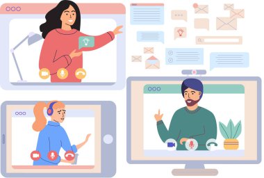 Sanal toplantı, online takım çalışması. Video konferansına katılan bir grup meslektaşla bilgisayar