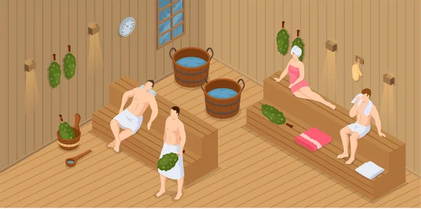 Sauna and steam room. Set of people in sauna. People relax and steam with birch brooms in banya — Vettoriale Stock
